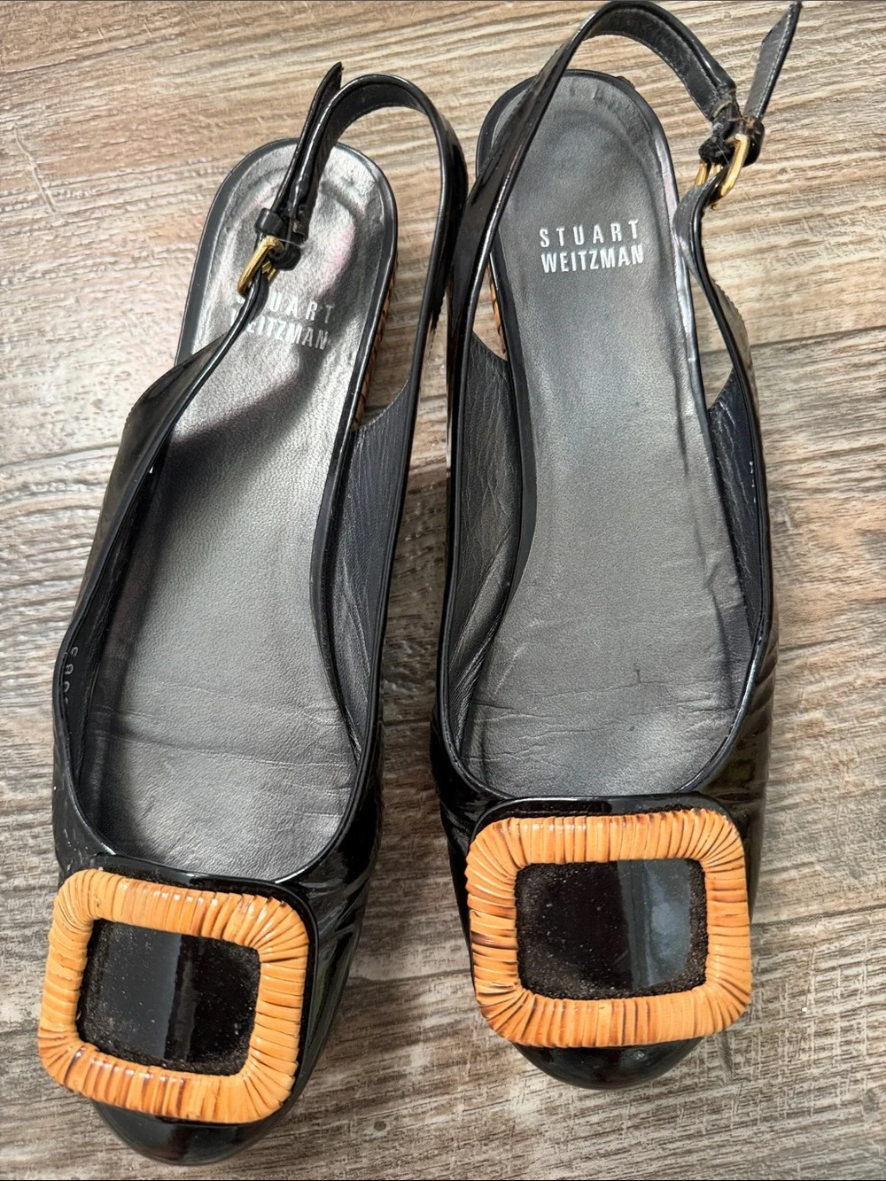 Stuart Weitzman Black Patent Slingback Flats with Tan Woven Buckle